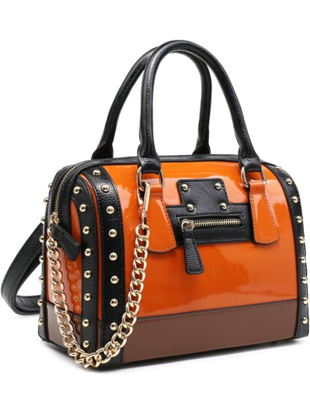 Shiny Patent Faux Leather Barrel Bag with Rivet Detail - Stylish Satchel